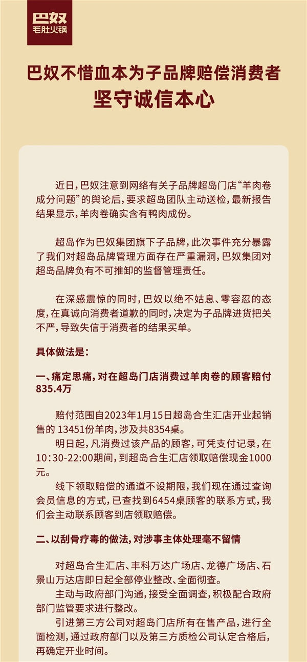 巴奴火锅称羊肉卷确实含有鸭肉成份：向顾客赔偿835.4万元！  第2张