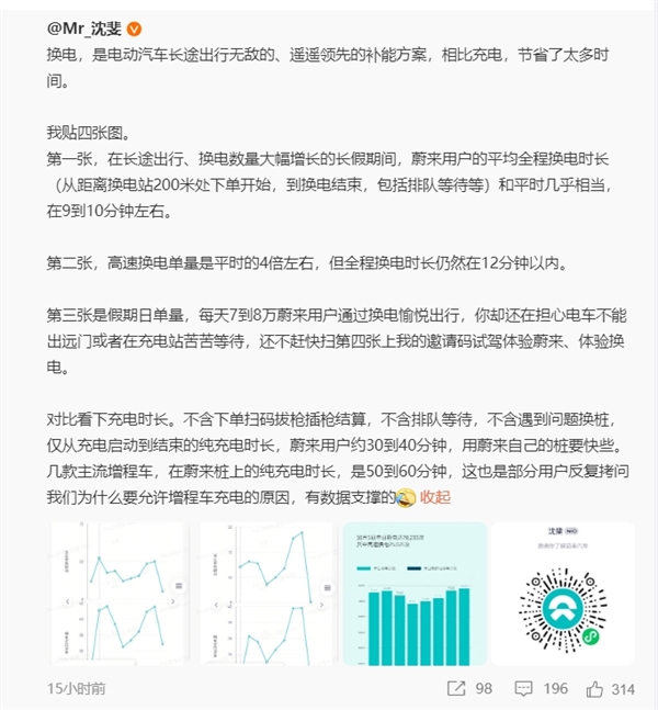 蔚来沈斐：电动车跑长途换电是无敌的补能方案 比充电快太多  第1张