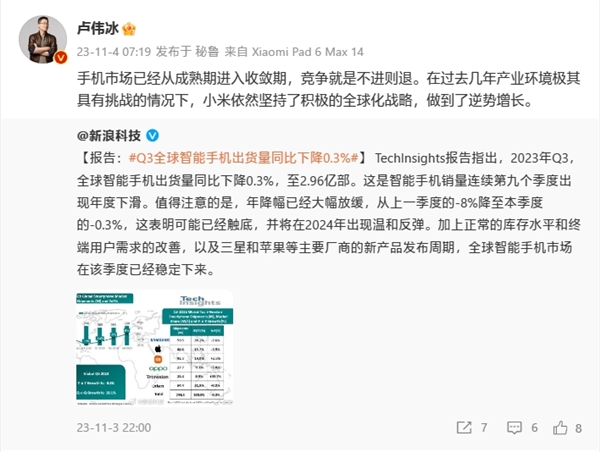 tp钱包下载:Q3全球智能手机出货量同比下降0.3%：小米逆势增长 接近苹果  第3张