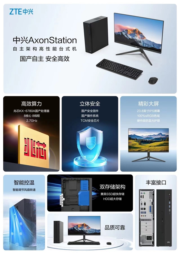 国产自主架构台式机！中兴AxonStation发布：搭载兆芯KX-6780A+国产系统  第3张