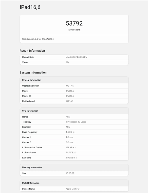 iPad Pro 2024首发！苹果M4 GPU跑分公布  第2张
